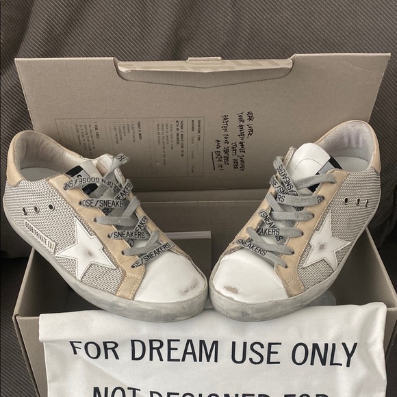 Golden Goose Mesh White and Tan Distressed Sneakers - Picture 1 of 7